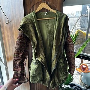 Free People Olive Green Hooded Jacket with Patterned Sleeves Size M